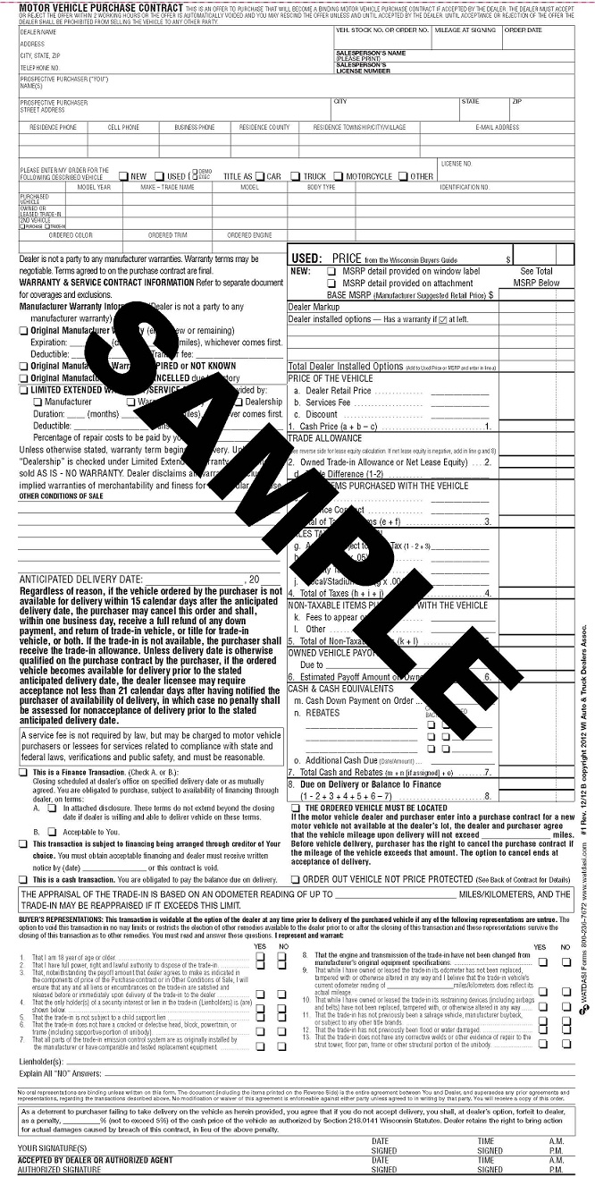 Standard Motor Vehicle Purchase Contract, 2014 rev, 100 pk