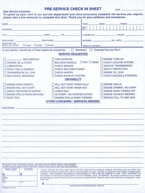Auto repair shop customer information sheet image