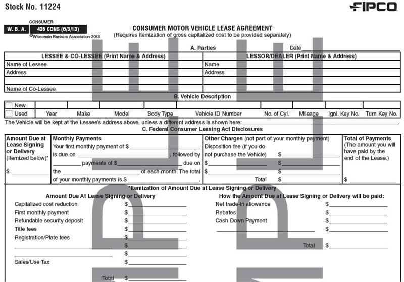 Consumer Motor Vehicle Lease Agreement, 20/pk